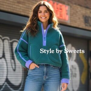 NEW Free People Mountain High Half Zip Fleece Teal Blue XS